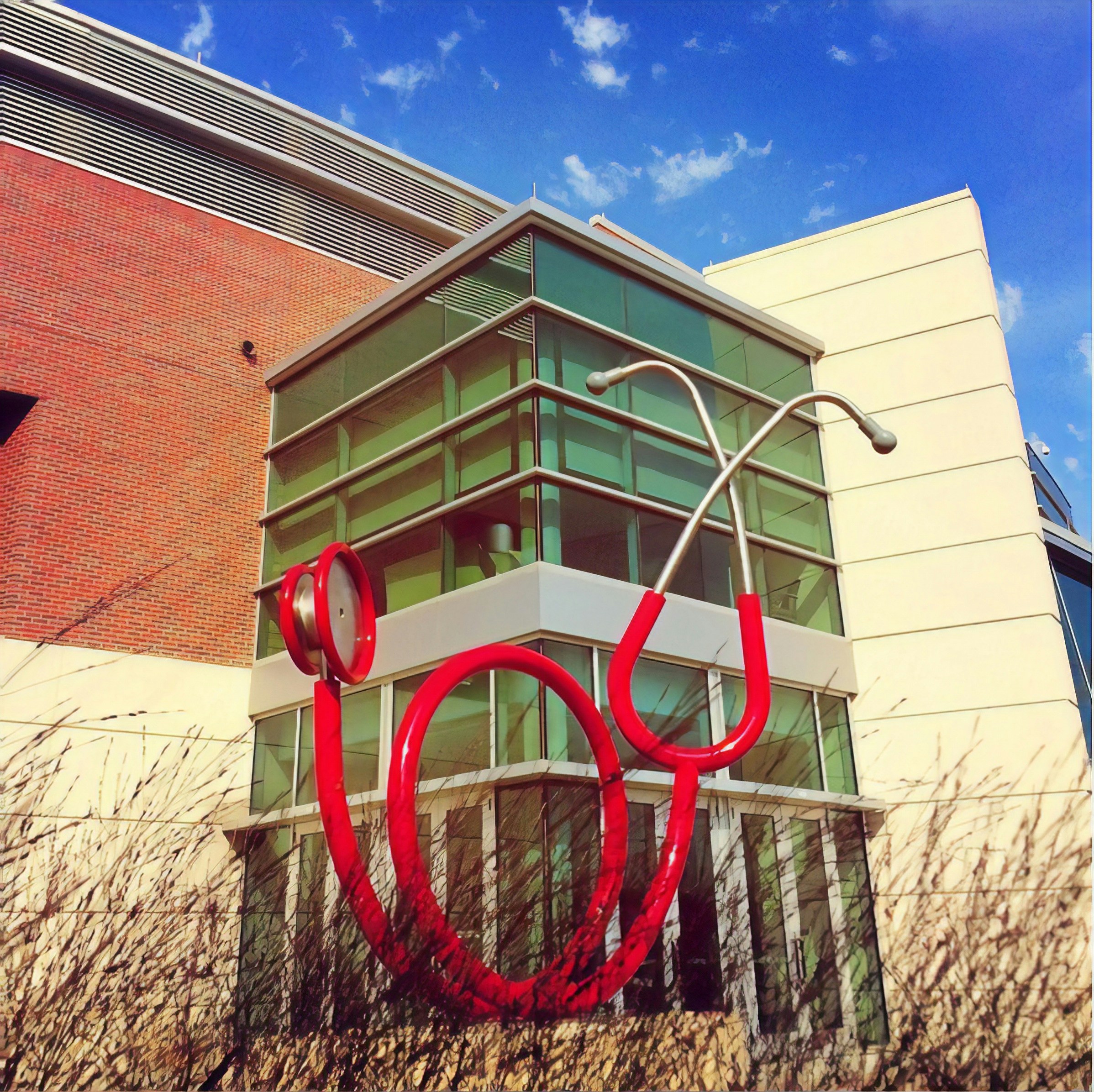 building with stethescope statue